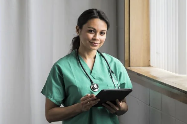 Smiling female nurse in green scrubs holding a clipboard